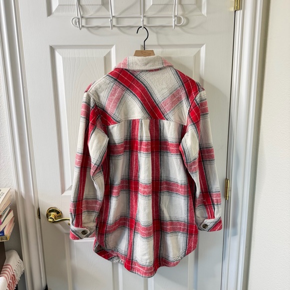 Aerie Oversized Plaid Cotton Flannel Long Shacket Chilly Red/Ivory Womens Size L - Picture 5 of 6